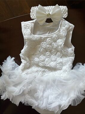 Baby Girls White Floral Tulle Tutu Costume with Bow Headband